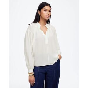 Madewell Shirred Long-Sleeve Silk Top S Winter White Drop Shoulder Split V-Neck